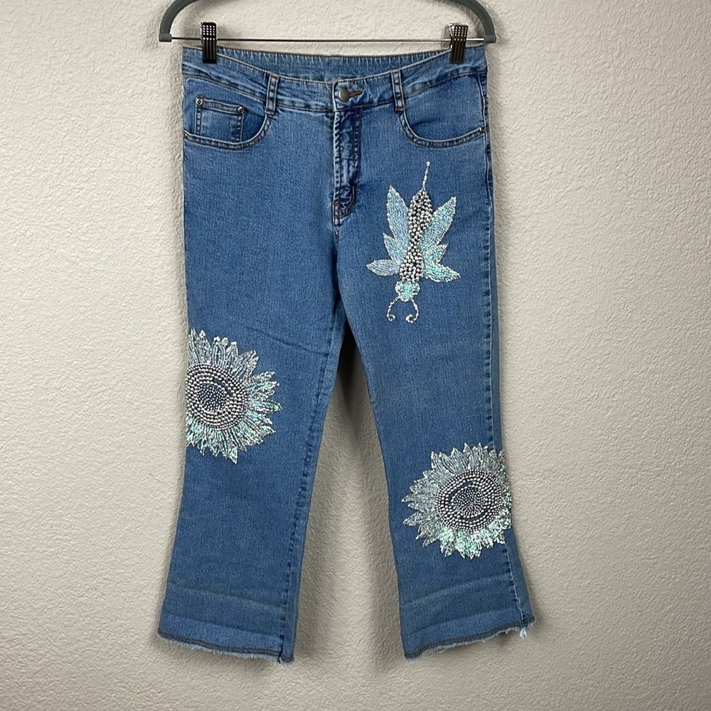 AZI Beaded Sunflower Floral Bug Jeans Embellished Raw Hem Ankle Sz 29